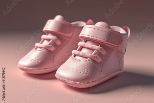 Pair of pink baby shoes on pastel background. Concept of children's clothing