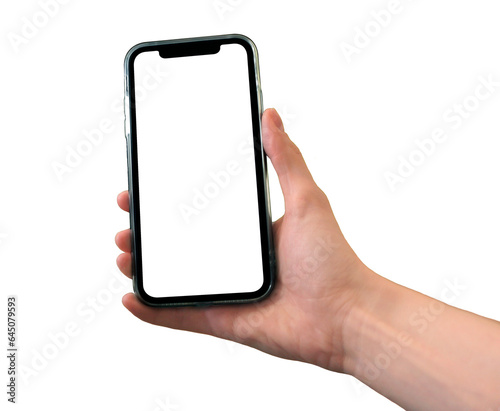 Mockup of a hand holding smartphone. Social media promotion. Advertising on a phone screen. Device display front view. 3D mobile phone. Cell phone