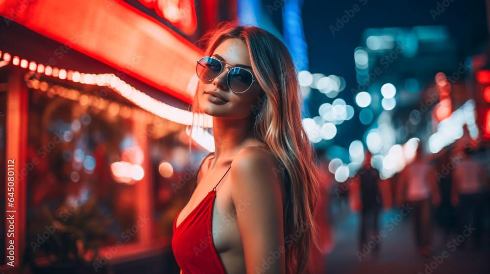 Stunning Girl in Sunglasses in Red City Lights Stunning Girl in Sunglasses in Red City Lights
