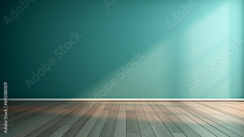 Blue turquoise empty background with wooden floor with interesting glare from the window. Interior background for the presentation. copy space