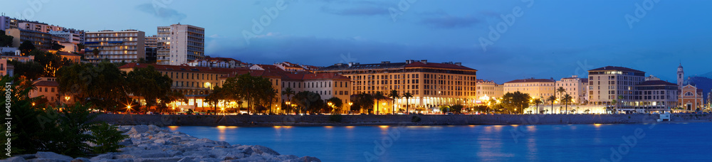 Beautiful city and sea landscape at night . Ajaccio is the capital of South Corsica .