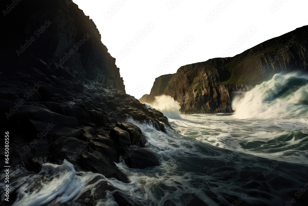 troubled ocean crashing on stone cliffs.  fjords. Transparent PNG file. Ocean, sea, water, waves.