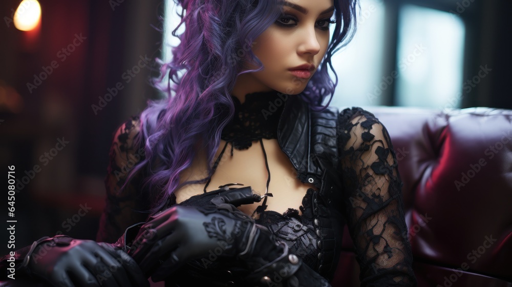 Gothic individual in a black corset and lace gloves. - obrazy, fototapety, plakaty 