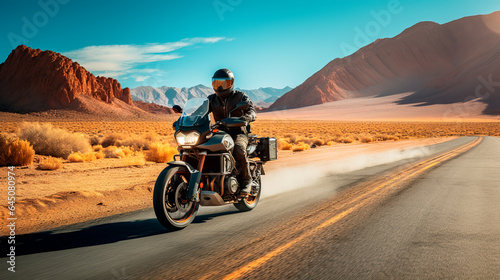 motorcyclist speeding down the road in the desert 