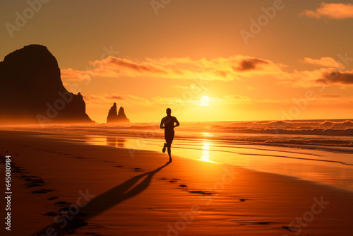 Silhouette of a man running at sunset on the beach. © mila103