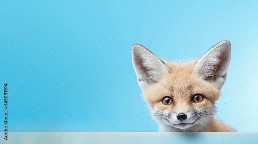 text space for advertising with funny part as portrait of a desert fox peeking over a colored panal text space for advertising with funny part as portrait of a desert fox peeking over a colored panal