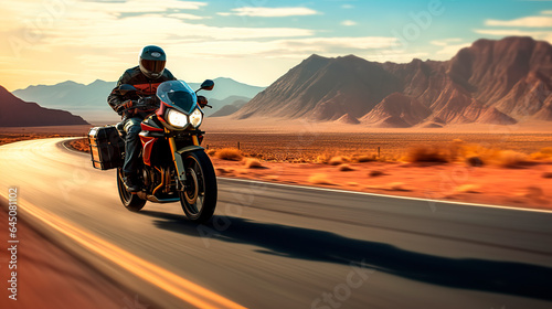 motorcyclist speeding down the road in the desert 