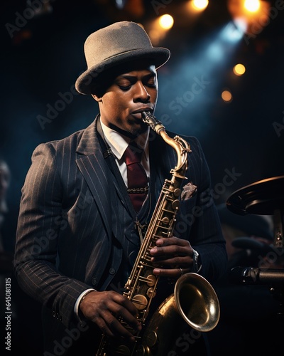 Jazz musician in a pinstripe suit and fedora.