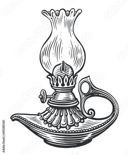 Vintage kerosene lamp. Sketch oil lantern. Vector illustration in old engraving style