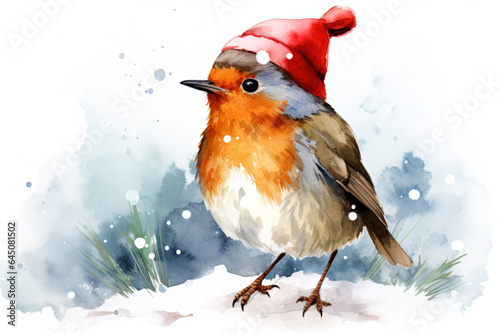 Cute european robin bird with Santa Claus hat in the snow. Seasons greetings.