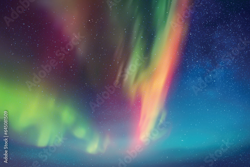 Purple green aurora borealis. Bright polar lights in night starry sky
