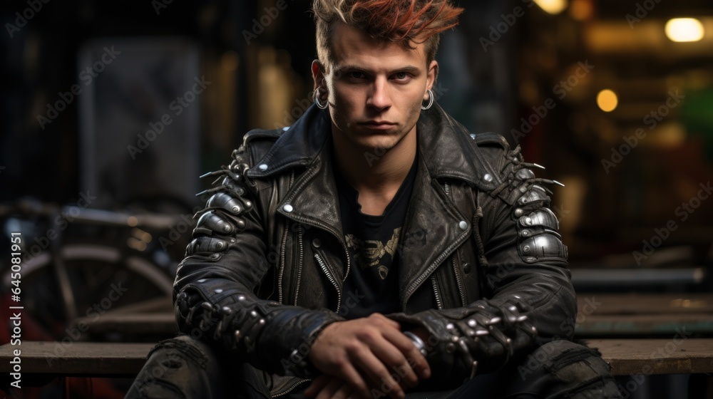 Punk rocker with a leather jacket and studded boots.