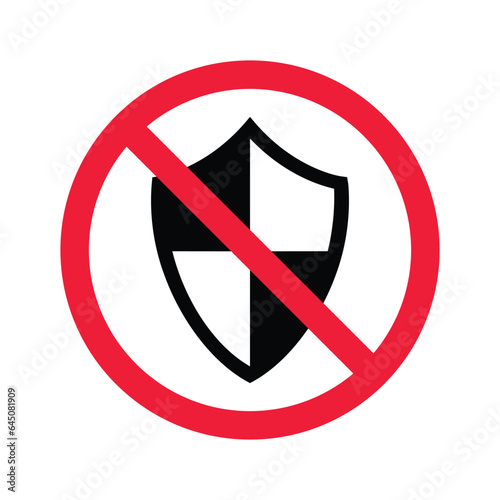 Prohibited shield vector icon. No antivirus icon. Forbidden virus icon. No shield vector sign. Warning, caution, attention, restriction, danger flat sign design. Sword symbol