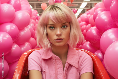 Blonde woman in pink attire, surrounded by myriad floating pink balloons.