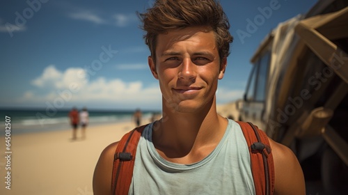 Handsome and muscular surfer on the beach