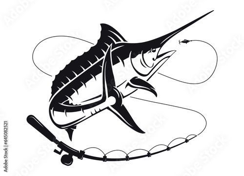 Fototapete Marlin Swordfish and a fishing rod vector illustration, catching fish symbol, fi