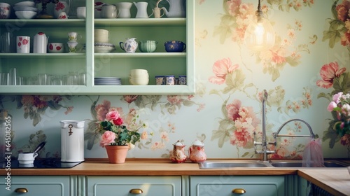 Traditional Floral Wallpaper in soft pastel shades, adorning the walls of a charming, cottage-style kitchen