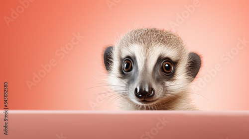 text space for advertising with funny part as portrait of a meerkat peeking over a colored panal