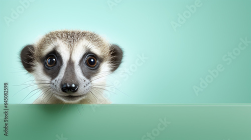 text space for advertising with funny part as portrait of a meerkat peeking over a colored panal