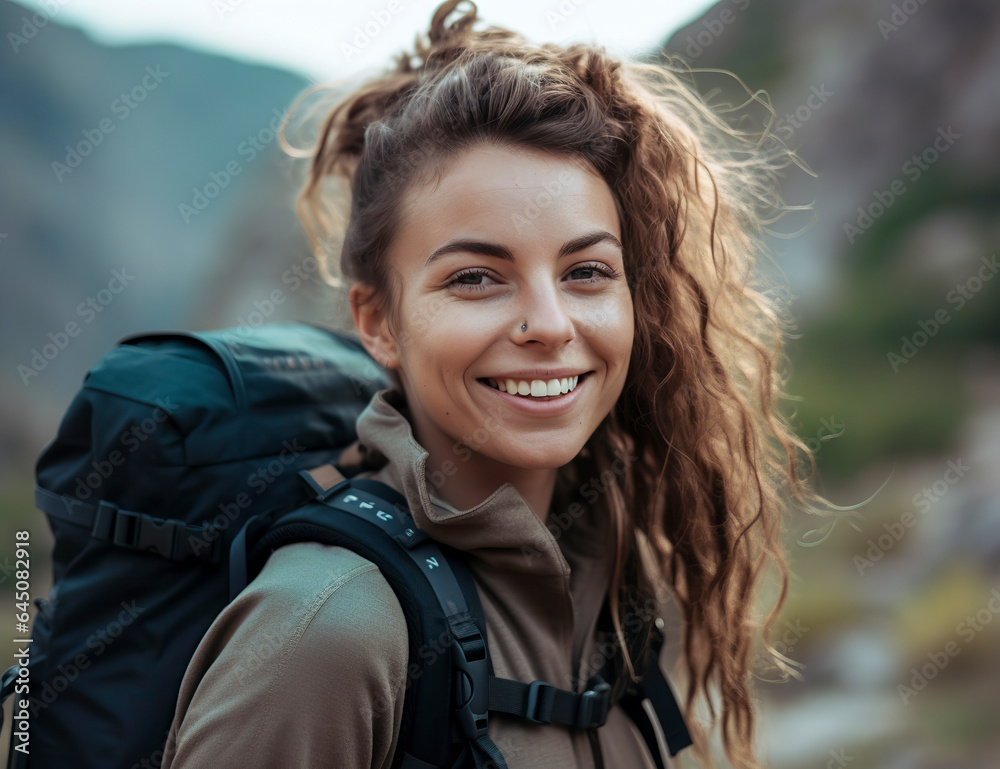 Mountain Wanderlust: A Young Woman's Journey Through Nature's Majesty on a Backpacking Adventure, ai generative Mountain Wanderlust: A Young Woman's Journey Through Nature's Majesty on a Backpacking Adventure, ai generative