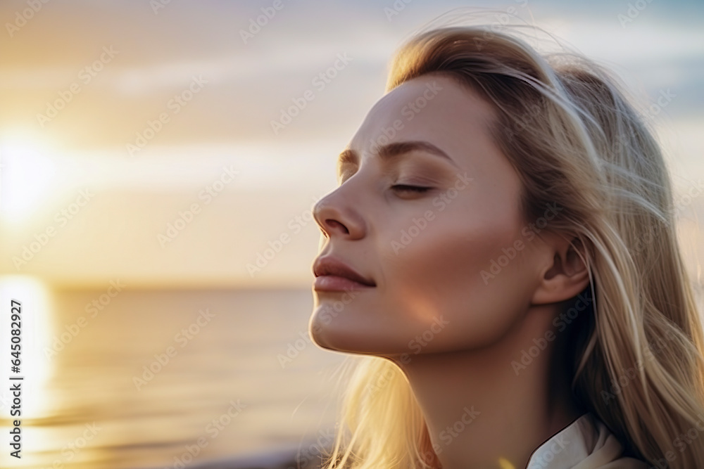 Serenity and Inner Peace: A Blonde Woman's Meditation by the Ocean at Dusk, ai generative Serenity and Inner Peace: A Blonde Woman's Meditation by the Ocean at Dusk, ai generative