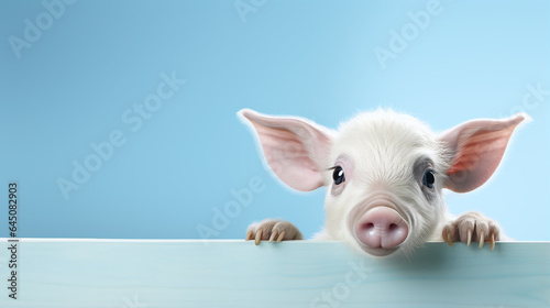 text space for advertising with funny  portrait of a cute piglet peeking over a colored panal