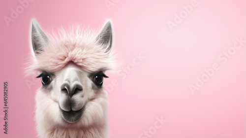 text space for advertising with funny  portrait of a llama peeking over a colored panal