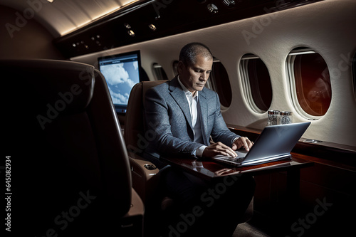 Skybound Productivity: Businessman Thrives in Private Jet, Seamlessly Working on Laptop Above the Clouds, ai generative © larrui