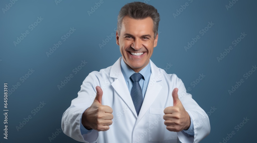 Clinic owner in doctor's clothes showing thumbs up. Generative AI Clinic owner in doctor's clothes showing thumbs up. Generative AI