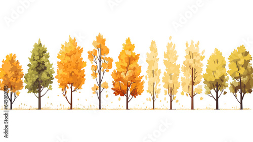 autumn trees, set of vector illustrations of cute trees and shrubs: oak, birch, aspen, linden, fir, sun and dog, different shapes of trees in autumn colors. Isolated on white background.