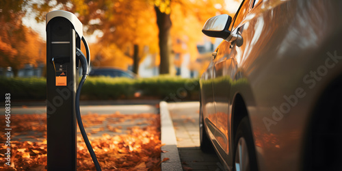 Modern fast electric vehicle chargers for charging car in park in autumn