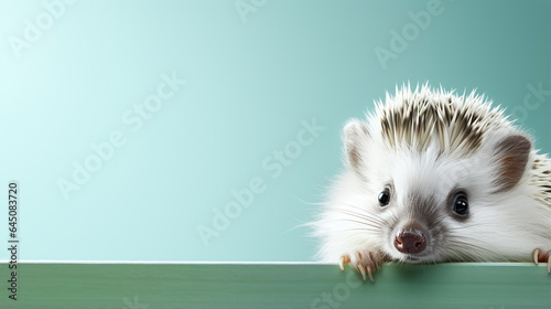 text space for advertising with funny part as portrait of a hedgehog peeking over a colored panal