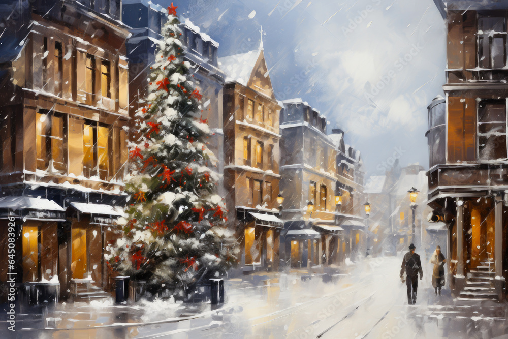Christmas and New Year holidays background. Winter street with christmas tree and people