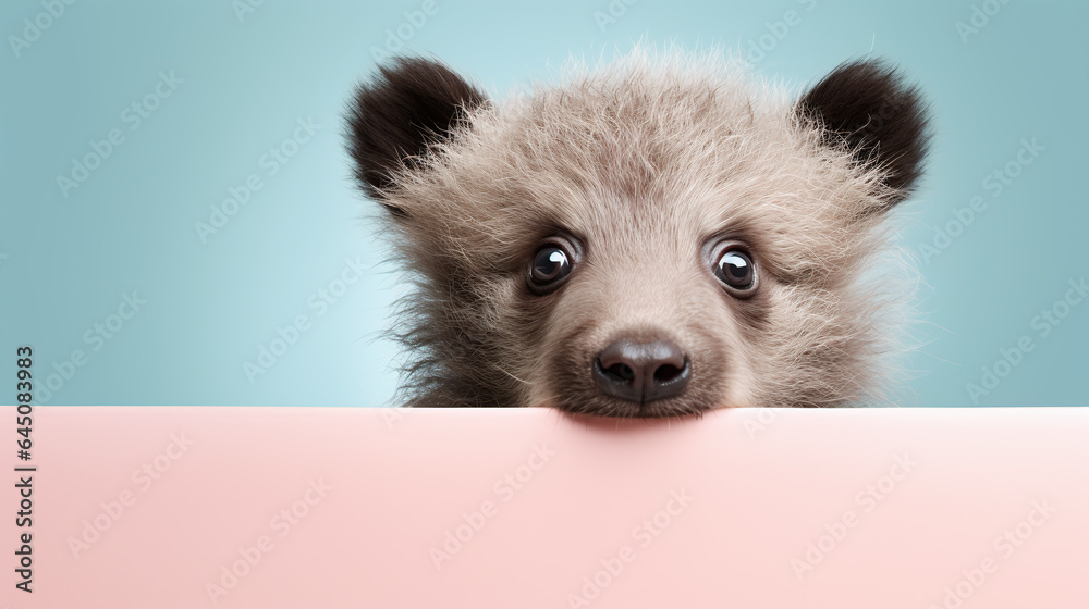 text space for advertising with funny part as portrait of a cute grizzly bear peeking over a colored panal