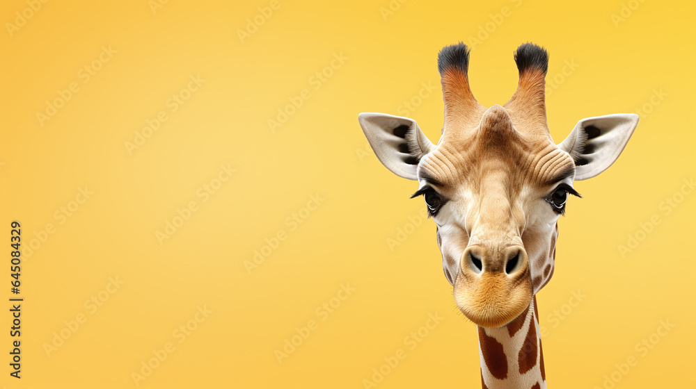 Fototapeta premium text space for advertising with funny part as portrait of a giraffe peeking over a colored panal