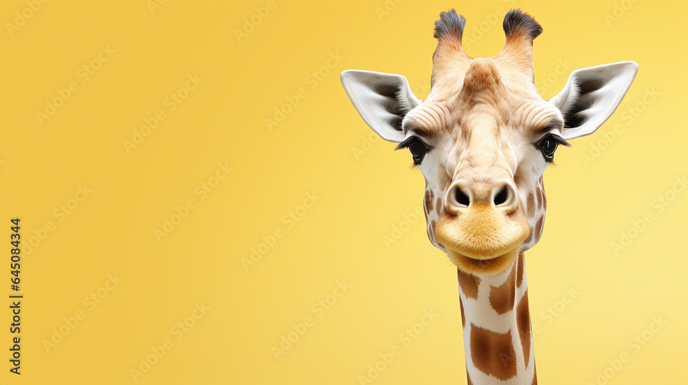 text space for advertising with funny part as portrait of a giraffe peeking over a colored panal