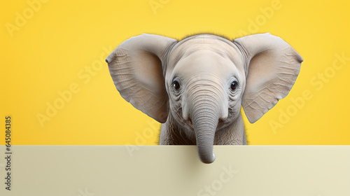 text space for advertising with funny part as portrait of a cute little elephant peeking over a colored panal