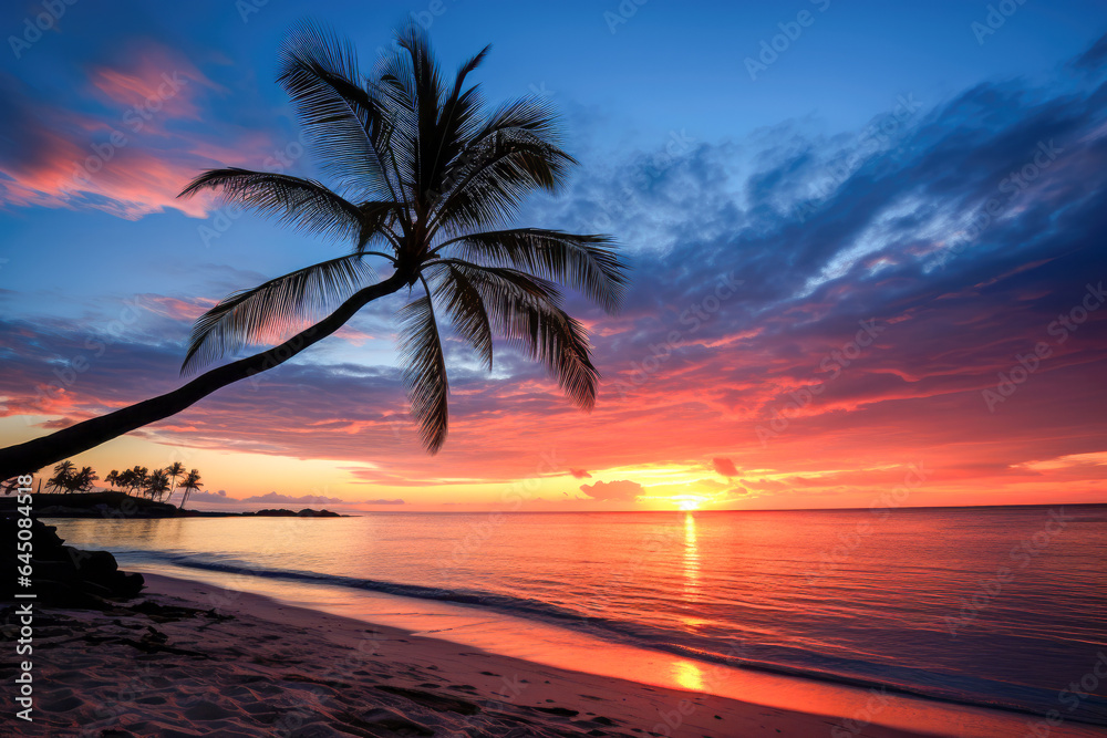 Silhouette of palm tree on the beach at beautiful sunset.