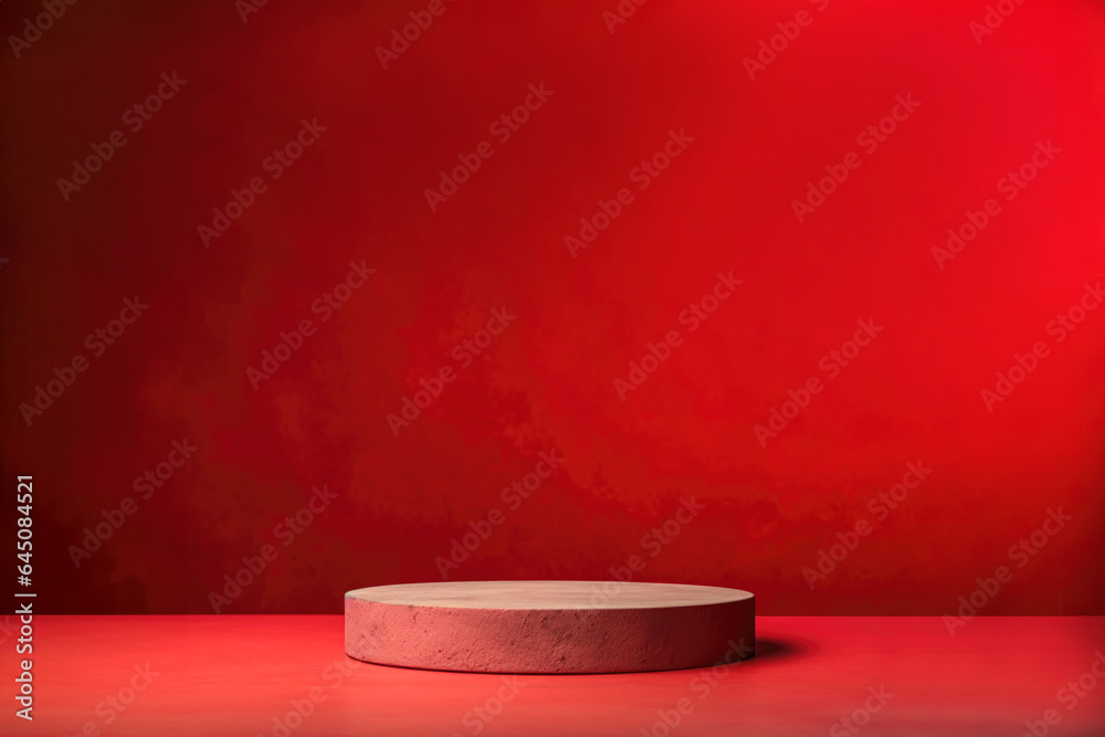 Red pedestal of platform display, Stand podium on red room background, generative ai Red pedestal of platform display, Stand podium on red room background, generative ai