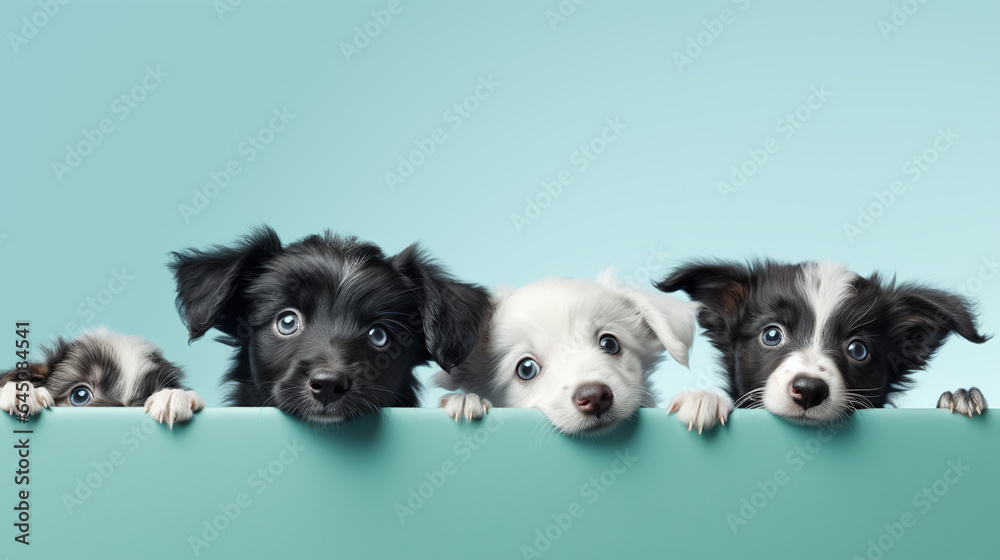 text space for advertising with funny part as portrait of puppies peeking over a colored panal text space for advertising with funny part as portrait of puppies peeking over a colored panal