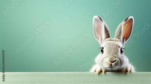 text space for advertising with funny part as portrait of a bunny peeking over a colored panal