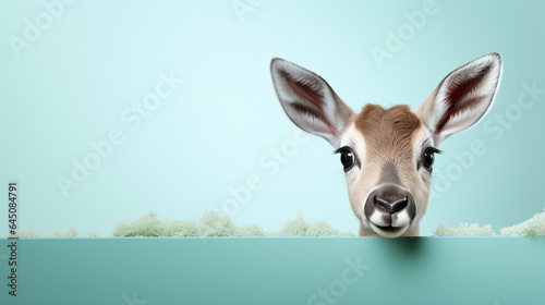 text space for advertising with funny part as portrait of a cute bambi peeking over a colored panal