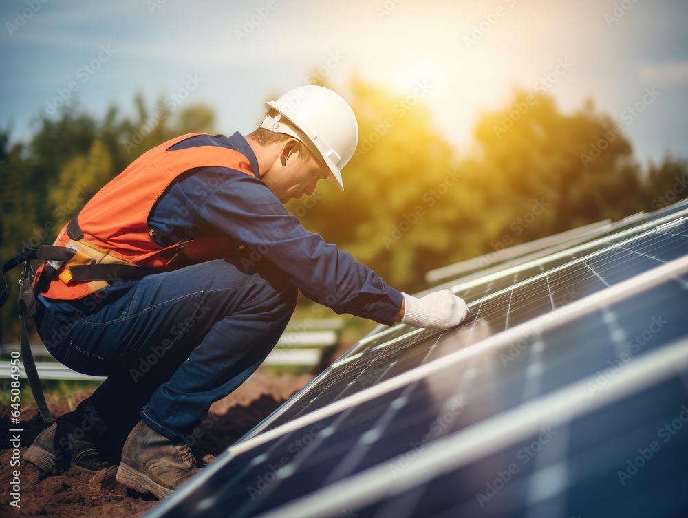 A worker on the roof kneels next to solar panels. for a sustainable life. solar energy. green technologies. A worker on the roof kneels next to solar panels. for a sustainable life. solar energy. green technologies.
