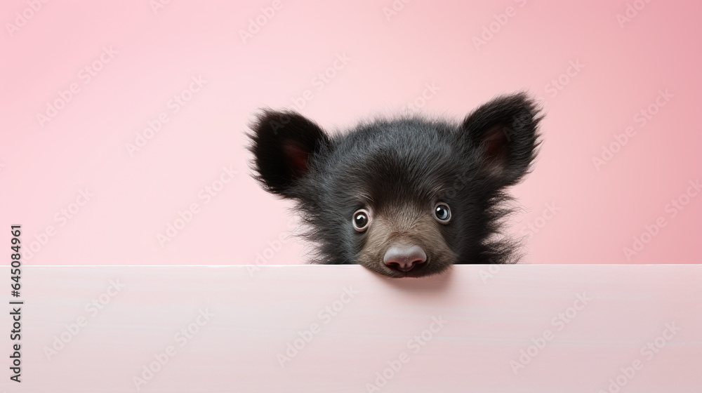 text space for advertising with funny part as portrait of a cute little baby black bear peeking over a colored panal text space for advertising with funny part as portrait of a cute little baby black bear peeking over a colored panal
