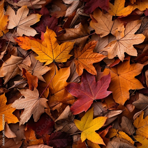 Vibrant autumn leaves in various shades of red  orange  and yellow  carpeting the forest floor. 