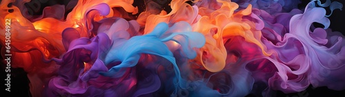 Abstract colorful fire background. A blue, orange, and purple fire and lightning with smoke on black, in the style of smooth and curved lines, creative commons attribution.