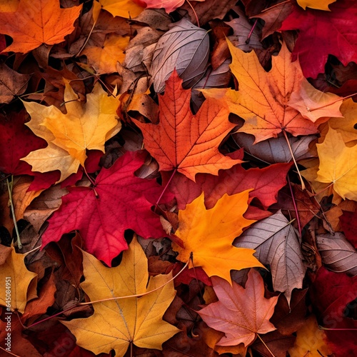 Vibrant autumn leaves in various shades of red, orange, and yellow, carpeting the forest floor. 