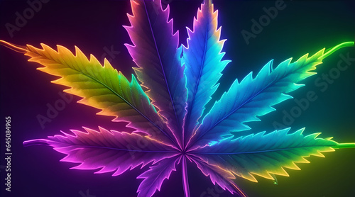 A marijuana leaf is illuminated by a dazzling array of neon lights.