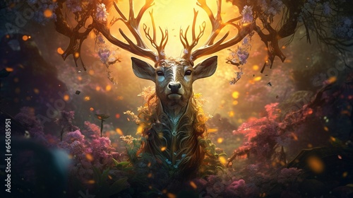 The mystical forest spirit, embraced by the mysterious energy of life-giving power, captivates the eye with its mysterious embrace. The surrounding forest is revealed in bright, picturesque colors