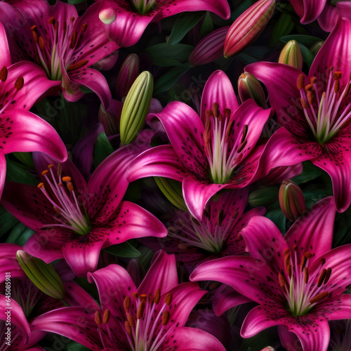Hand painted pink color lily flowers seamless pattern. Generative AI © designermetin